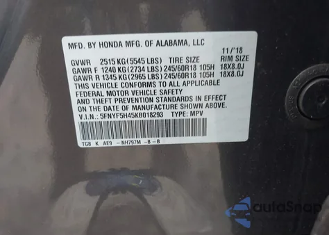 2019 Honda Pilot Ex-L из США, поврежденный, VIN 5FNYF5H45KB018293